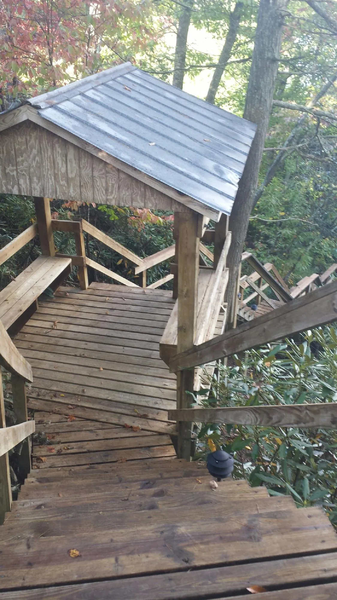 Metal roofed shelter over wooden steps on a wooded walkway — Skylight Repair & Installation work by our crew in Union